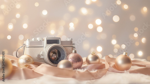 Fundo de sessão de fotos de Natal. Fundo de cor neutra pastel com bokeh. Câmera fotográfica dourada, bolas de decoração de Natal e fitas de cetim