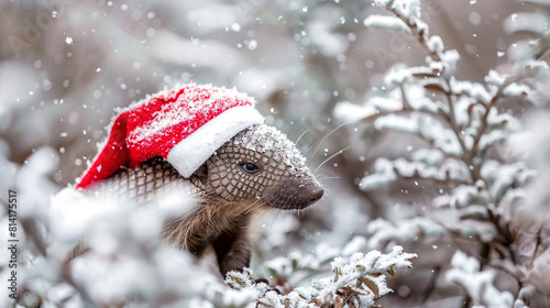 A small baby armadillo snug in a Christmas cap rolls playfully through the snowy underbrush its armored exterior contrasting its undeniable cuteness