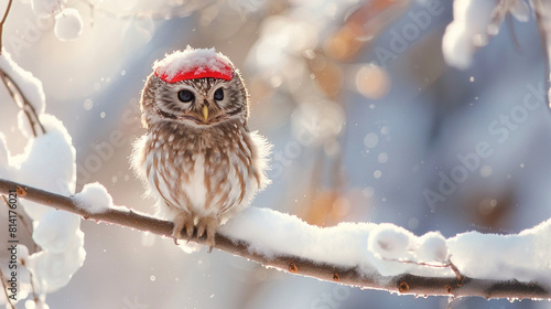 A small fluffy owl perched on a snow-covered branch wears a dainty red cap its wide eyes radiating warmth and charm