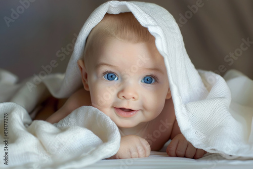 A baby with blue eyes lying on his tummy, white blanket is wrapped around him
