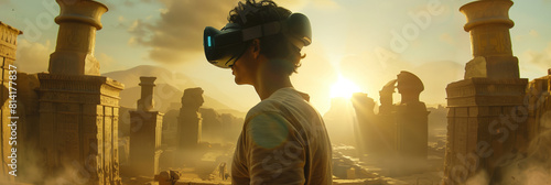 The man uses VR to travel back in time, wandering through ancient civilizations and witnessing historical events unfold before his eyes.