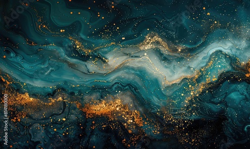 Abstract liquid marbling, stunning turquoise and gold, rich and opulent feel
