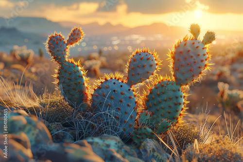 A close-up of a prickly pear, its flat pads covered in tiny spines, with a breathtaking sunrise illuminating the desert landscape behind.