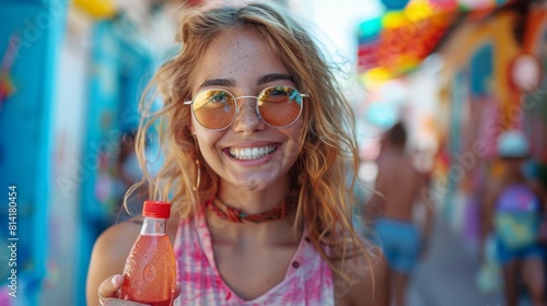 wellness beverage, a young woman taking a refreshing break, energized with an electrolyte beverage and feeling rejuvenated with a burst of energy
