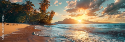 Landscape of paradise tropical island beach, sunrise shot realistic nature and landscape
