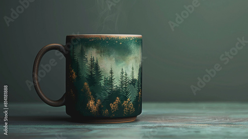 A coffee mug with a forest scene design on a dark green background.