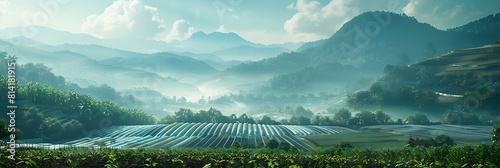 Landscape of rural farmland with rows of greenhouses in mountain valley realistic nature and landscape