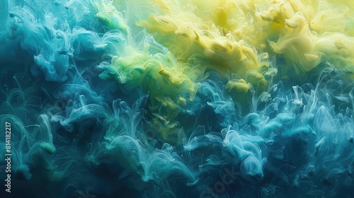 Beautiful ink diffusion in water, abstract patterns, neon greens and blues