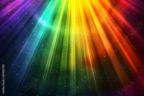 Bright iridescent multicolored rainbow rays dissipate on a black background.
