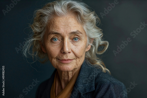 Older caucasian woman posing in business suit against dark grey background, for marketing campaign