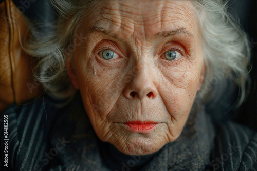 Senior expressive caucasian woman staring firmly, close-up portrait of an old lady for advertising