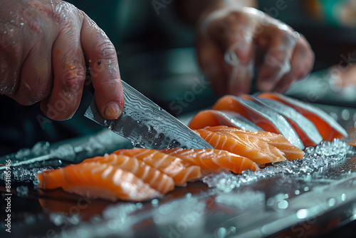 a sushi chef's hands expertly slicing fresh sashimi with a sharp knife