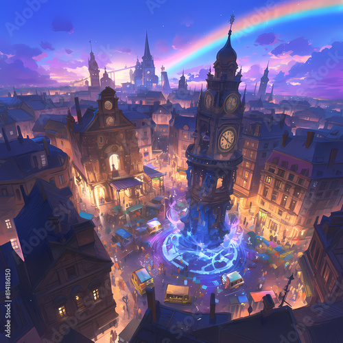 A lively city square bathed in enchanting colors, showcasing a rich architectural backdrop with a prominent clock tower.