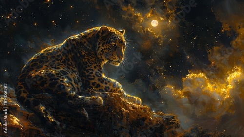 A beautiful and majestic black panther sits on a rock under a starry night sky