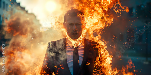 Man in a suit and on fire, exaggeration of anger or a very hot day