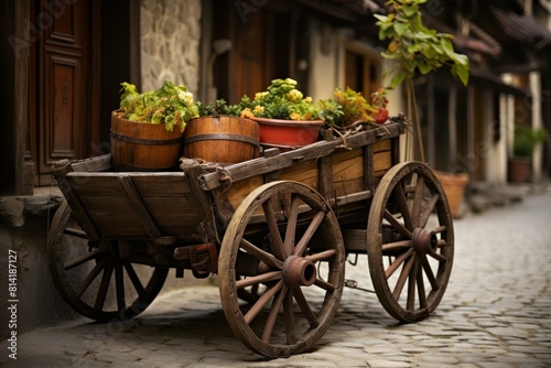 Old wooden cart filled with green plants and flowers, set in a picturesque cobblestone street