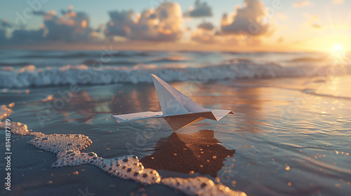 A photorealistic image of a paper airplane landing softly on a sandy beach with gentle waves lapping at the shore.