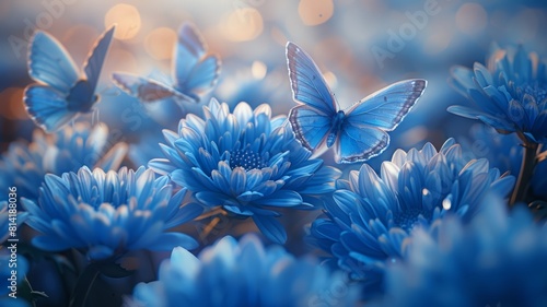 Blue butterflies and blue flowers, blue is the color of sky and ocean, it also means calm and peace.