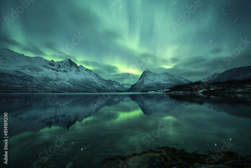 Beautiful Northern Lights/Aurora Borealis Over Lake with Snow-Covered Mountains