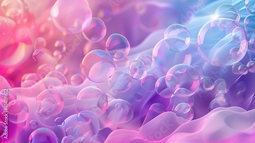 Iridescent air bubbles background. Abstract purple pink blue bubbles. Futuristic glowing fluid design. 