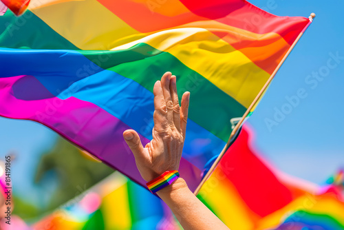 A supporting hand waves in front of a rainbow flag flying on the sidelines of a summer Pride Parade