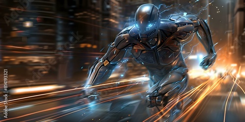 Sinister powerful robot athlete with glowing blue eyes striding through futuristic cityscape. Concept Futuristic Technology, Sinister Robot, Cityscape, Glowing Eyes, Powerful Athlete
