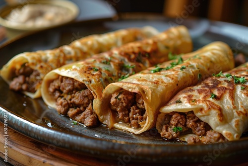 Pancakes stuffed with minced meat and cheese on a plate.