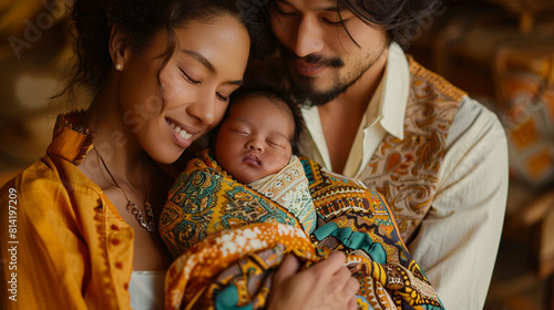 A biracial couple gazing lovingly at their newborn swaddled in a colorful blanket.
