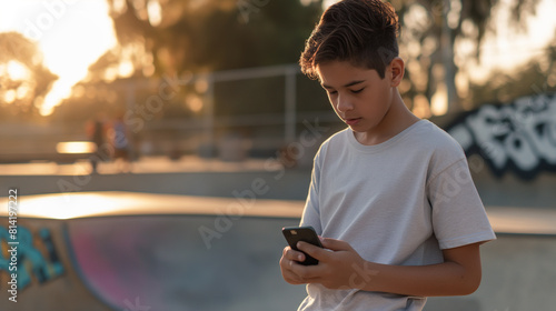 Garoto adolescente usando celular enquanto passa um tempo no parque de skate ao ar livre. Jovem garoto hispânico pesquisando por telefone enquanto faz pausas para andar de skate