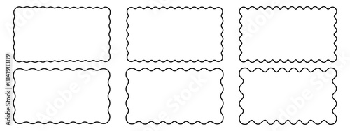 Set of rectangular frames with wavy edges. Rectangle shapes with scalloped borders. Picture or photo frames, empty text boxes or banners isolated on white background. Vector graphic illustration.