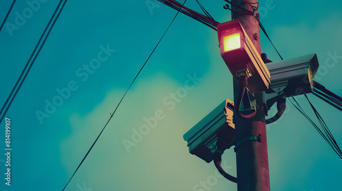Close up of security cameras on the pole with copy space