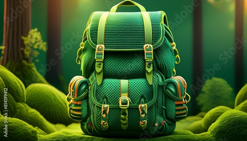 A rugged, dark green crochet backpack designed for outdoor adventures, 
