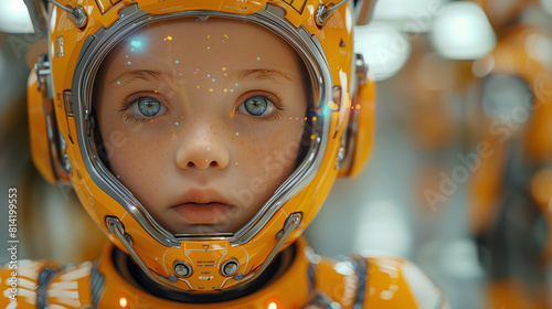 Children's Day: Futuristic Close-up Portrait of Child with Blue Eyes and Freckles in Orange Spacesuit. Cosmos Theme. Generative AI