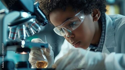 Show a young scientist recording results from a groundbreaking microbial experiment observed through a sophisticated microscope