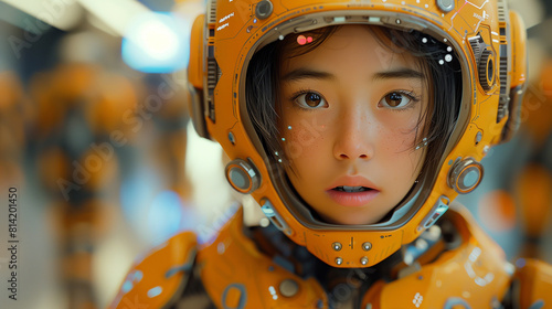 Futuristic Close-up Portrait: Asian Woman in Orange Spacesuit. Cosmos Theme. Generative AI