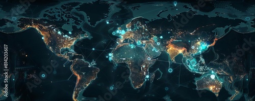 A digital map of the world with glowing nodes representing global cybersecurity watch centers monitoring internet traffic