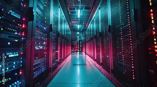 A dynamic scene showing data packets being filtered through a colossal firewall structure, symbolizing security and control