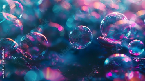 Creative realistic iridescent bubbles. Abstract purple pink air bubbles. Futuristic glowing fluid design. 