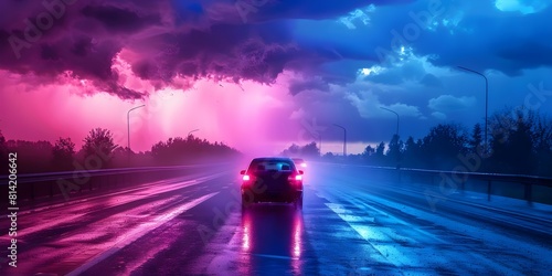A car drives on a highway during a dark storm. Concept Dark Storm, Highway Travel, Car Driving, Weather Conditions, On The Road