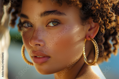 A product mockup featuring a pair of chunky gold hoop earrings with a textured surface, worn by a model with a confident expression and bold makeup.
