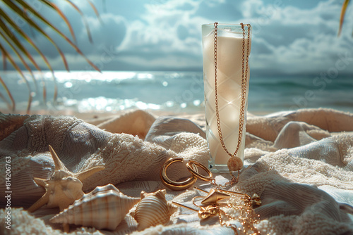 A product mockup showcasing a pair of mismatched earrings, one a simple gold hoop and the other a dangling chain with a seashell pendant, displayed on a beach towel with a refreshing drink.