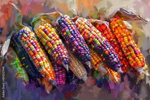 vibrant multicolor maize cobs bountiful harvest celebration digital painting