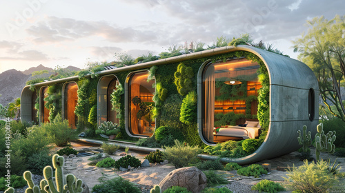 A modern, desert eco-hotel with a living green wall facade and solar panels blending seamlessly into the landscape.