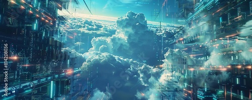 A surreal representation of data streams flowing securely into a giant cloud fortress surrounded by digital firewalls