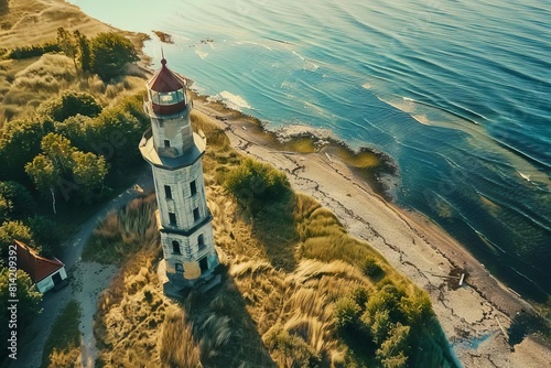 coastal beacon of safety majestic lighthouse overlooking baltic sea on sunny summer day aerial view