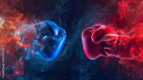 Red vs blue. Two boxing gloves hitting each other. Fist punching boxing gloves with clouds of steam or smoke on dark background. Sport hit hook kick knock box sparring competition.