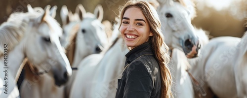 Young beautiful woman in black equestrian attire surrounded by white horses.