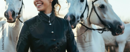 Young beautiful woman in black equestrian attire surrounded by white horses.