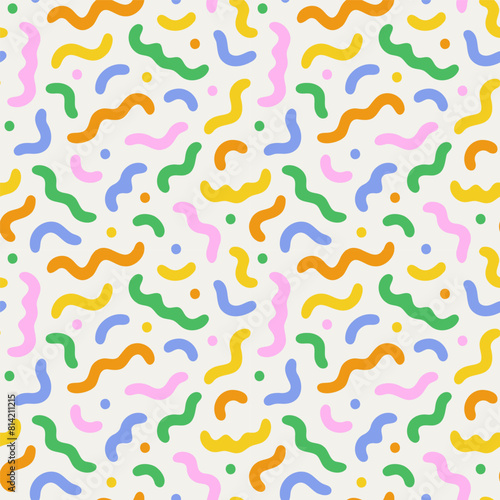 Fun colorful line doodle seamless pattern. Creative abstract style art symbol background for children or celebration design with basic shapes. Simple childish scribble wallpaper print.