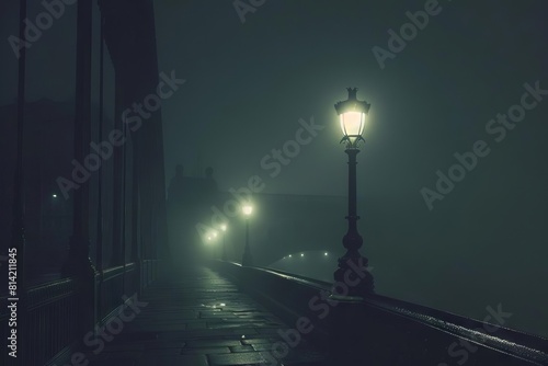 lone streetlamp illuminating foggy bridge at night moody urban photograph